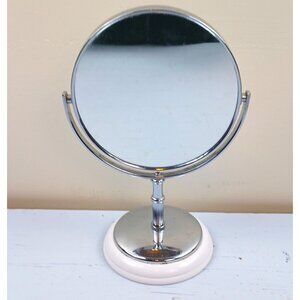 Vintage Tabletop Vanity Mirror With Chrome Frame & White Base 10 Inches Tall Dou